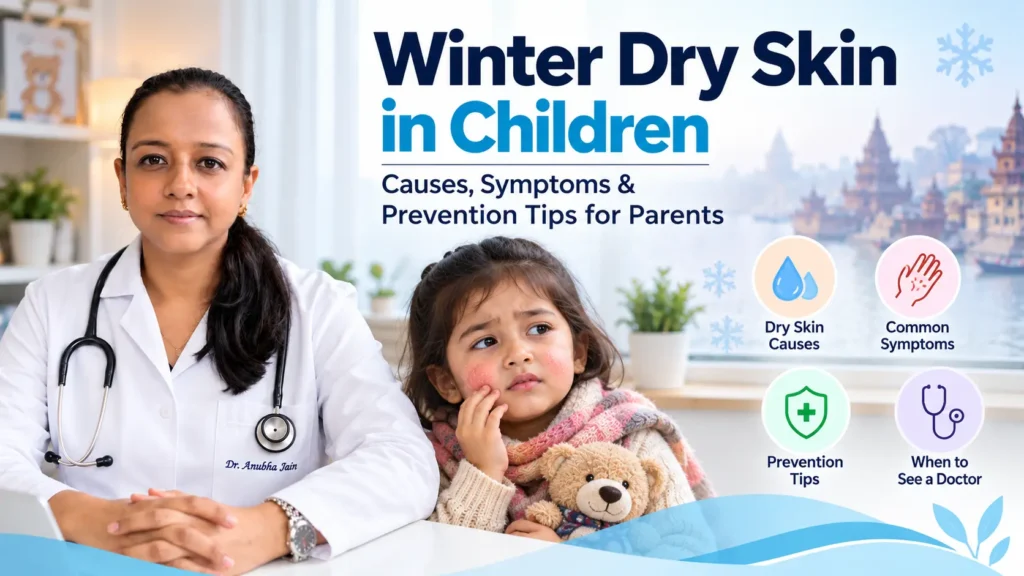 Winter dry skin in children illustrated with a child experiencing dry, itchy cheeks and Dr. Anubha Jain providing pediatric skincare guidance.